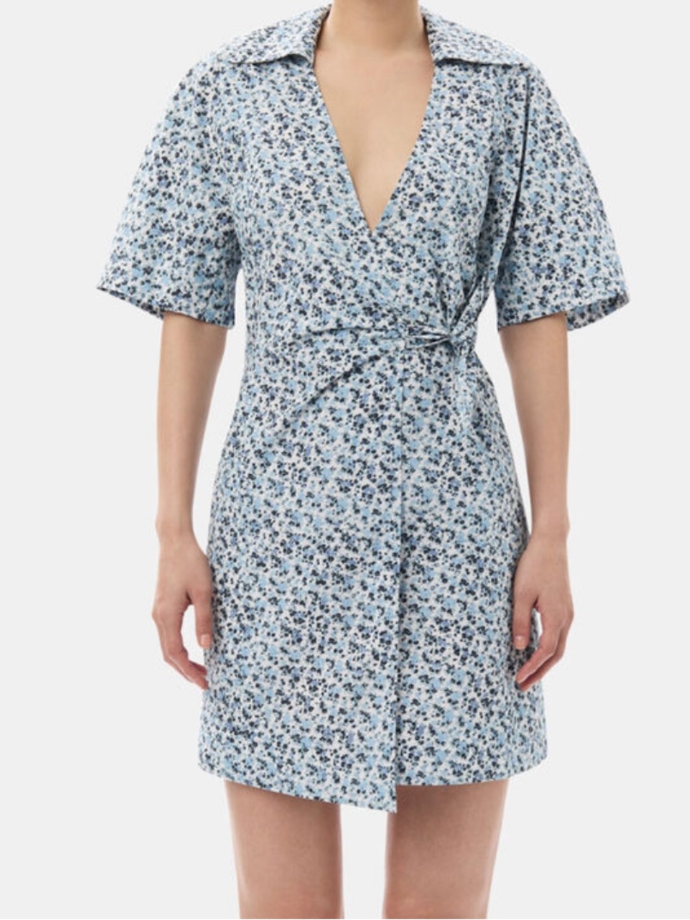 Ganni Blue Floral Printed Cotton Wrap Mini Dress- Size 36 NWT
